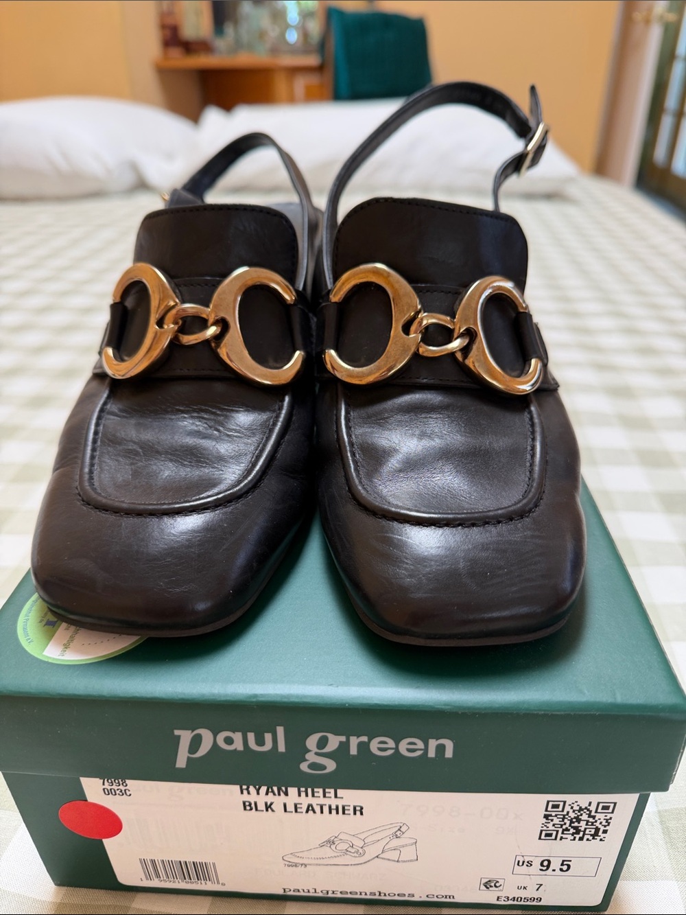 Paul Green Black Leather Slingback Mules with Gold Chain Detail